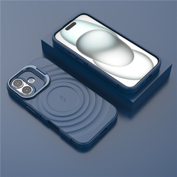For iPhone 16 Magnetic Case PC Kickstand Ripple Texture TPU Phone Cover - Blue