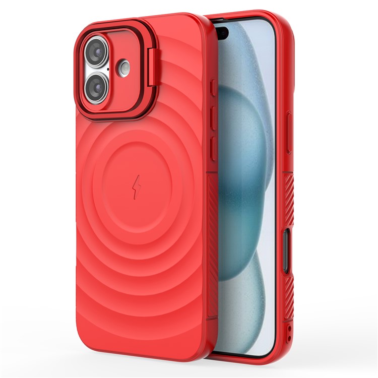 For iPhone 16 Plus Magnetic Case PC Kickstand Ripple Texture TPU Phone Cover - Red