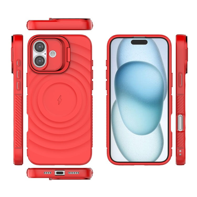 For iPhone 16 Plus Magnetic Case PC Kickstand Ripple Texture TPU Phone Cover - Red