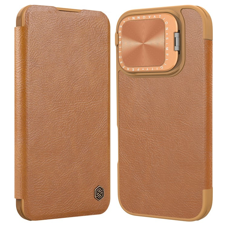 NILLKIN Qin Prop Series for iPhone 16 Pro Leather Case Lens Kickstand Phone Cover - Brown