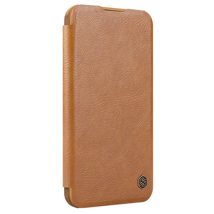 NILLKIN Qin Prop Series for iPhone 16 Pro Leather Case Lens Kickstand Phone Cover - Brown