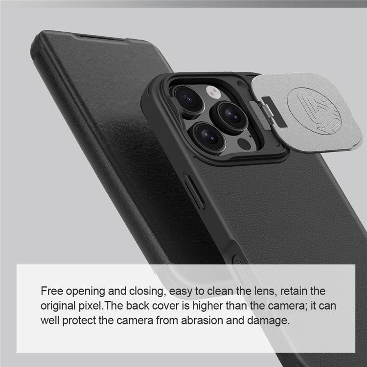 NILLKIN Qin Prop Series for iPhone 16 Pro Leather Case Lens Kickstand Phone Cover - Brown