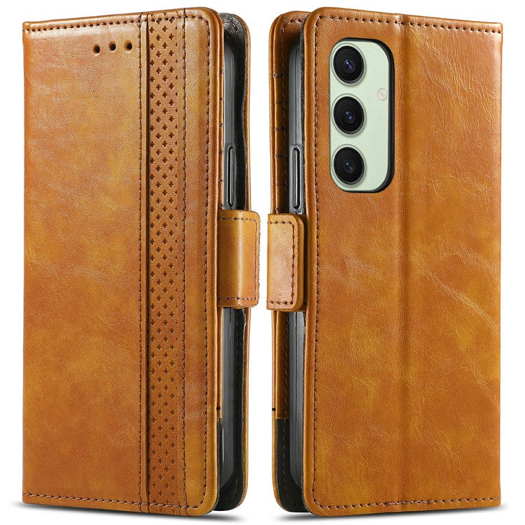 CASENEO 002 Series For Samsung Galaxy S24 FE Case Stand Wallet Splicing PU Leather Cover - Light Brown