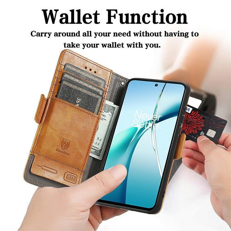 CASENEO 002 Series For Samsung Galaxy S24 FE Case Stand Wallet Splicing PU Leather Cover - Light Brown