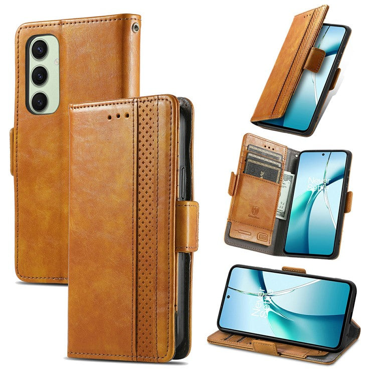 CASENEO 002 Series For Samsung Galaxy S24 FE Case Stand Wallet Splicing PU Leather Cover - Light Brown