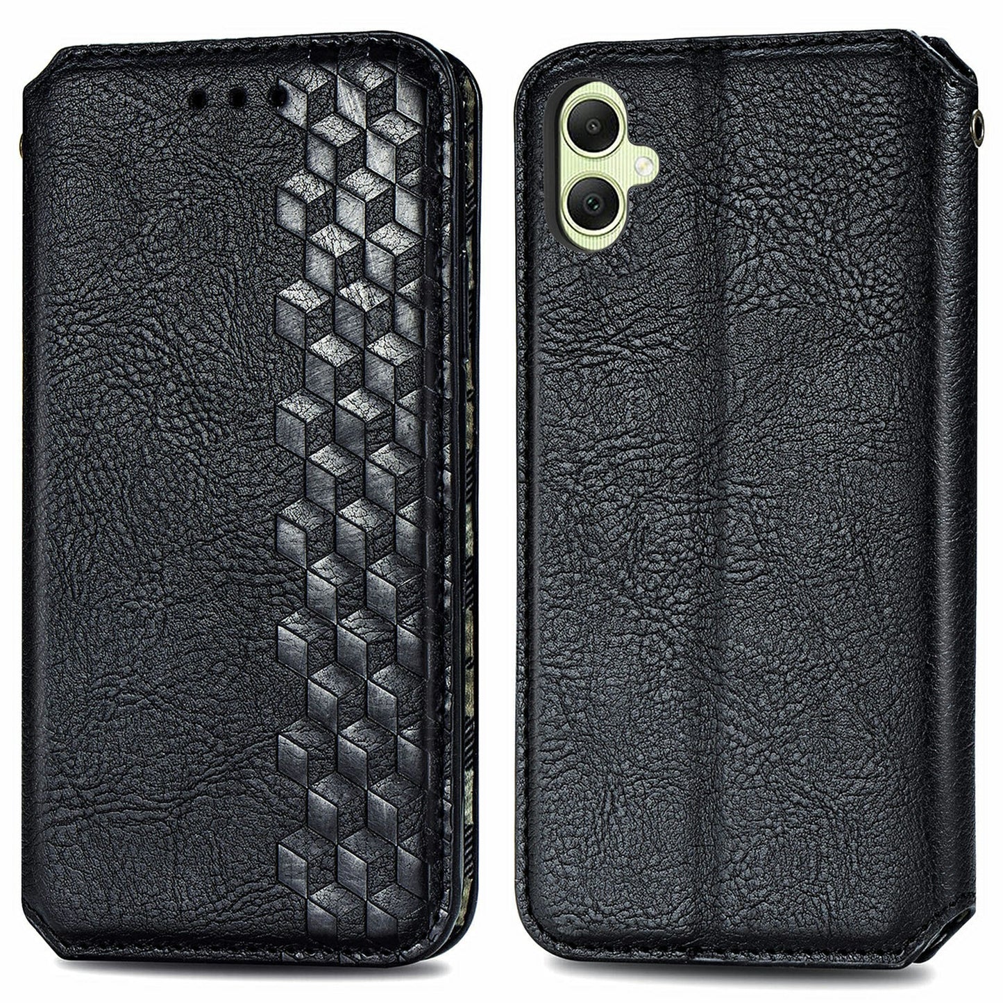 For Samsung Galaxy A06 Case Rhombus Imprint PU Leather Wallet Phone Cover - Black