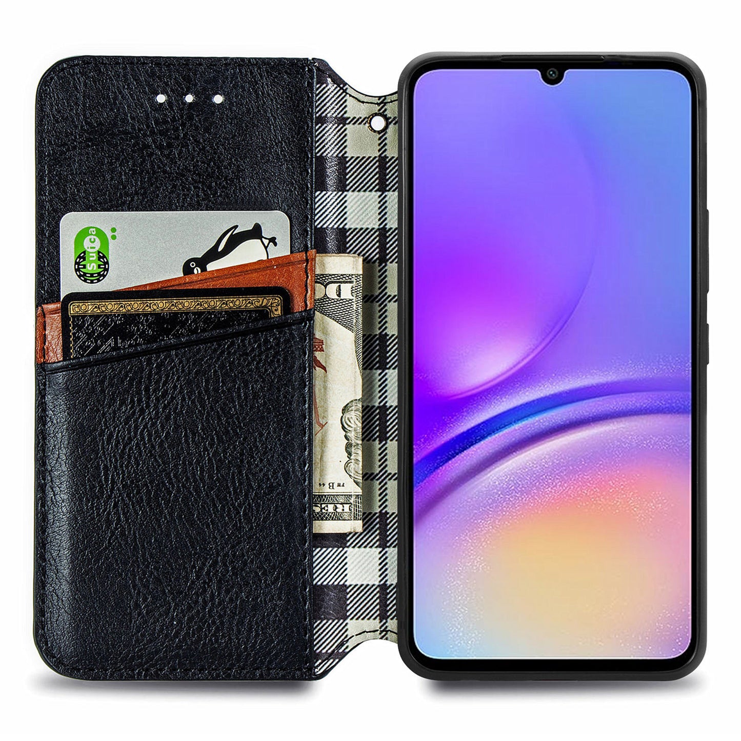 For Samsung Galaxy A06 Case Rhombus Imprint PU Leather Wallet Phone Cover - Black