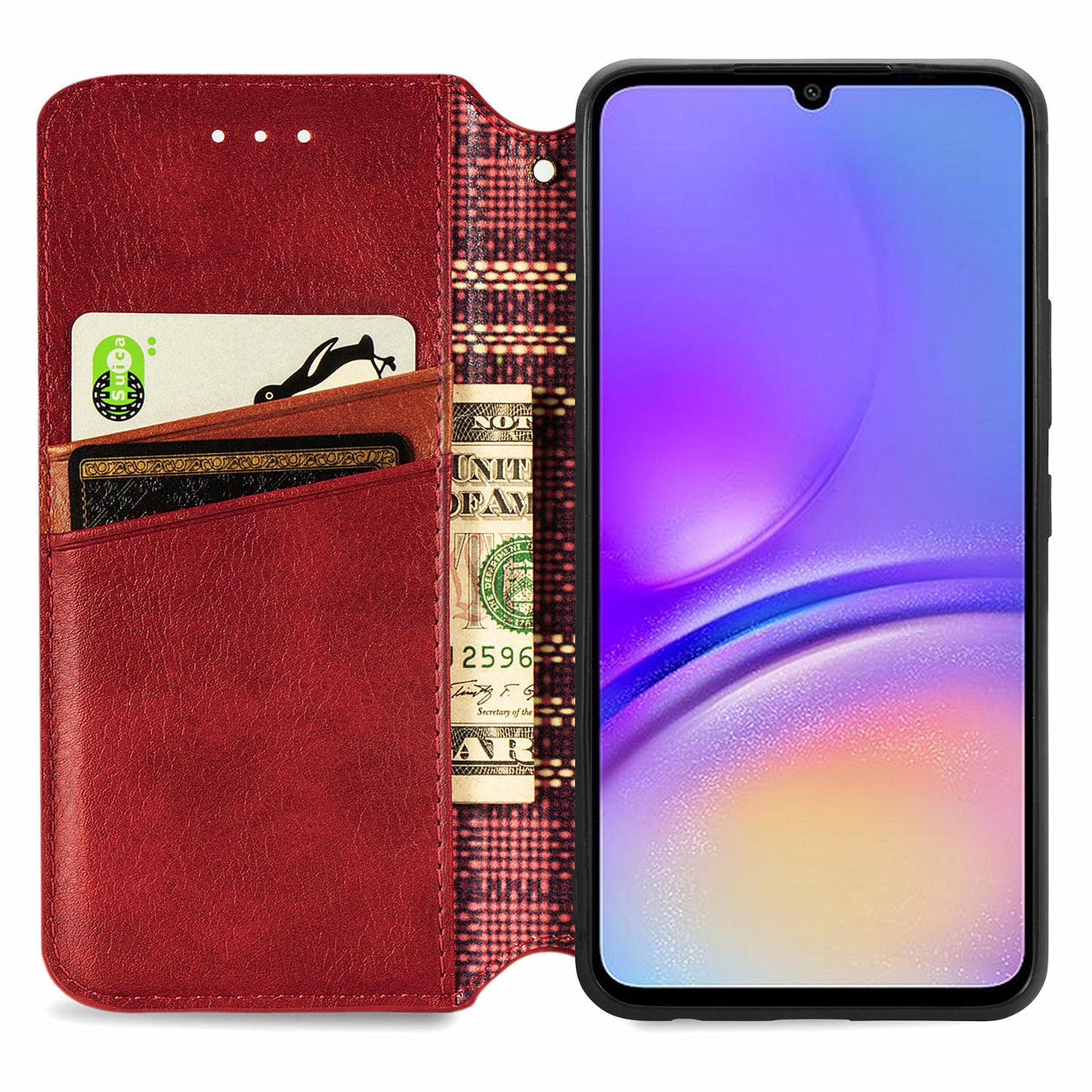 For Samsung Galaxy A06 Case Rhombus Imprint PU Leather Wallet Phone Cover - Red