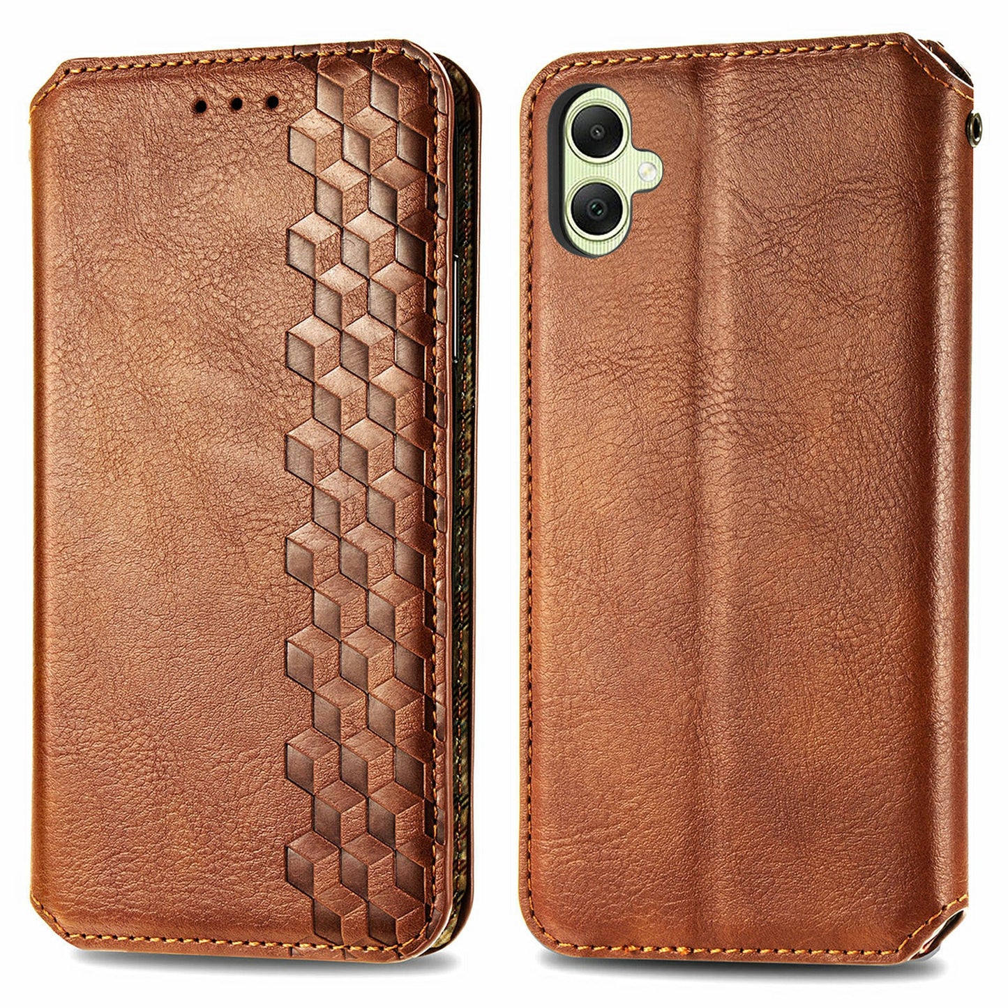 For Samsung Galaxy A06 Case Rhombus Imprint PU Leather Wallet Phone Cover - Brown
