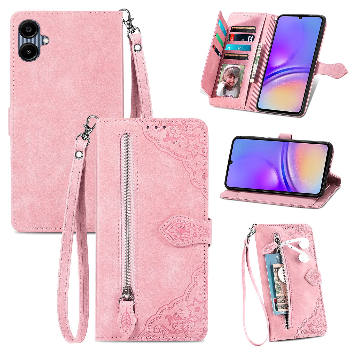 For Samsung Galaxy A06 Case Zipper Wallet PU Leather Flower Imprint Phone Cover - Pink