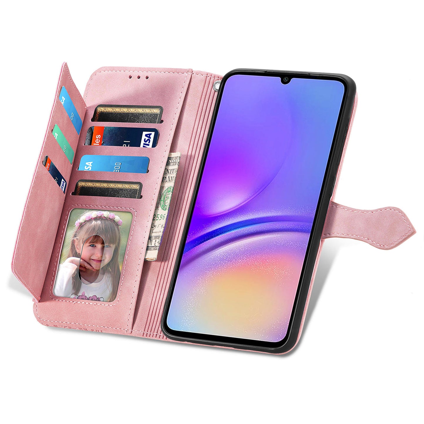 For Samsung Galaxy A06 Case Zipper Wallet PU Leather Flower Imprint Phone Cover - Pink