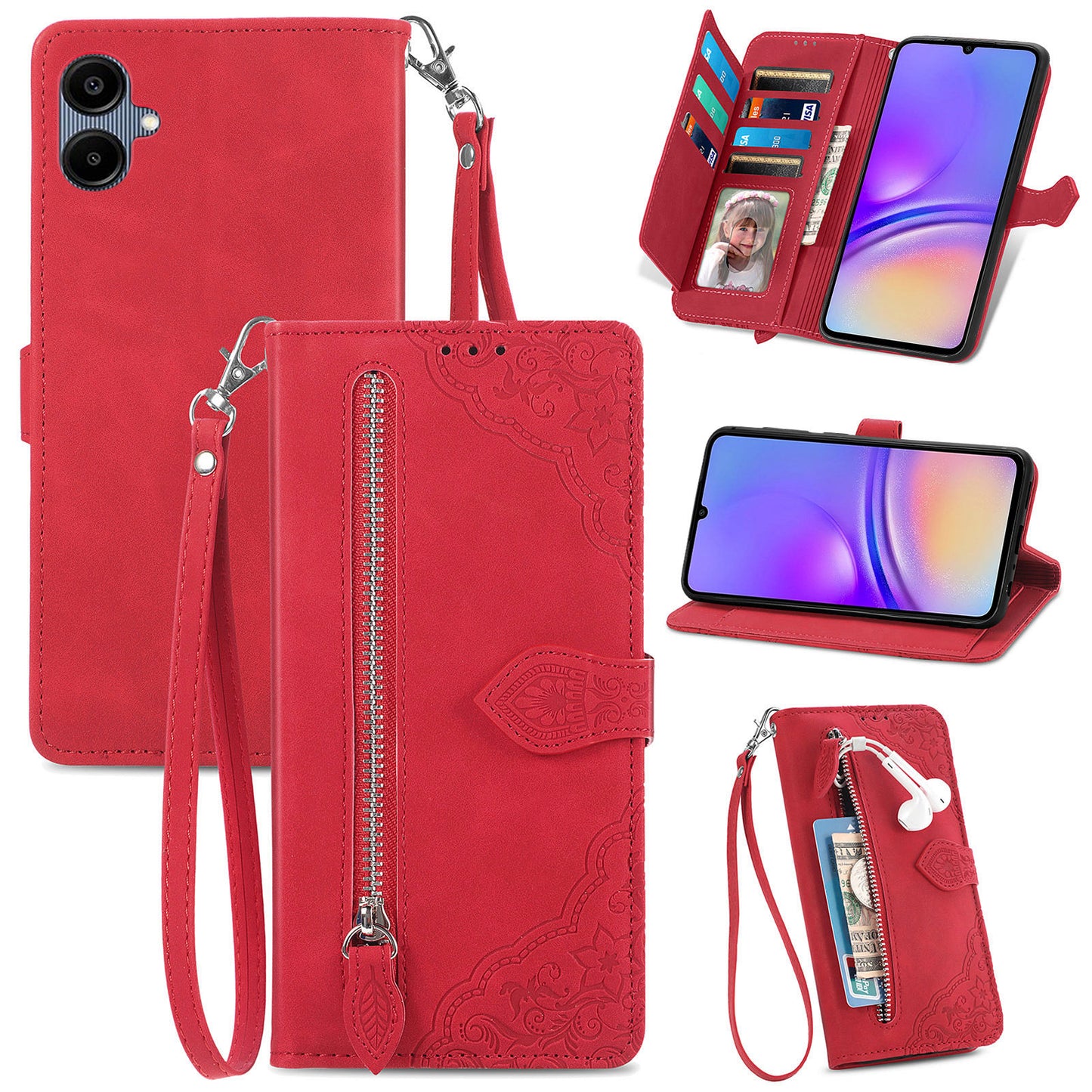 For Samsung Galaxy A06 Case Zipper Wallet PU Leather Flower Imprint Phone Cover - Red