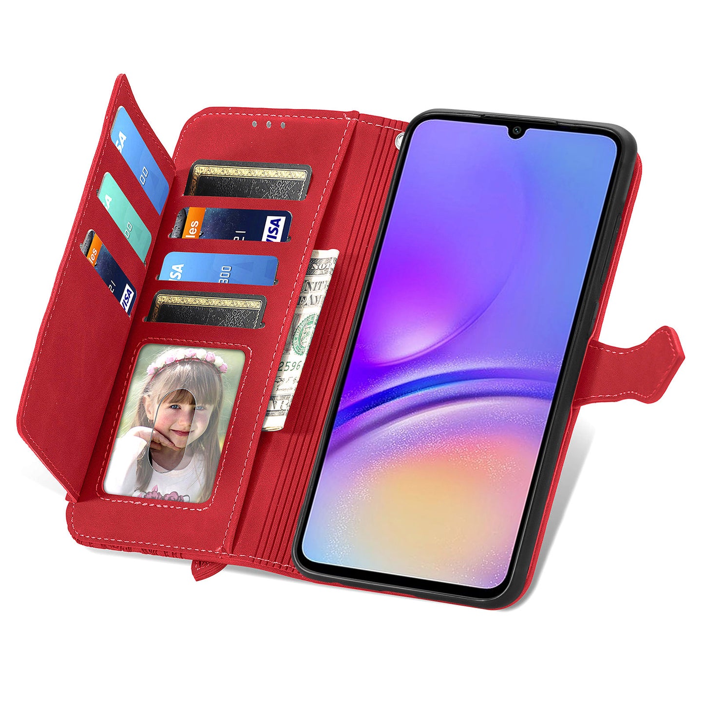 For Samsung Galaxy A06 Case Zipper Wallet PU Leather Flower Imprint Phone Cover - Red