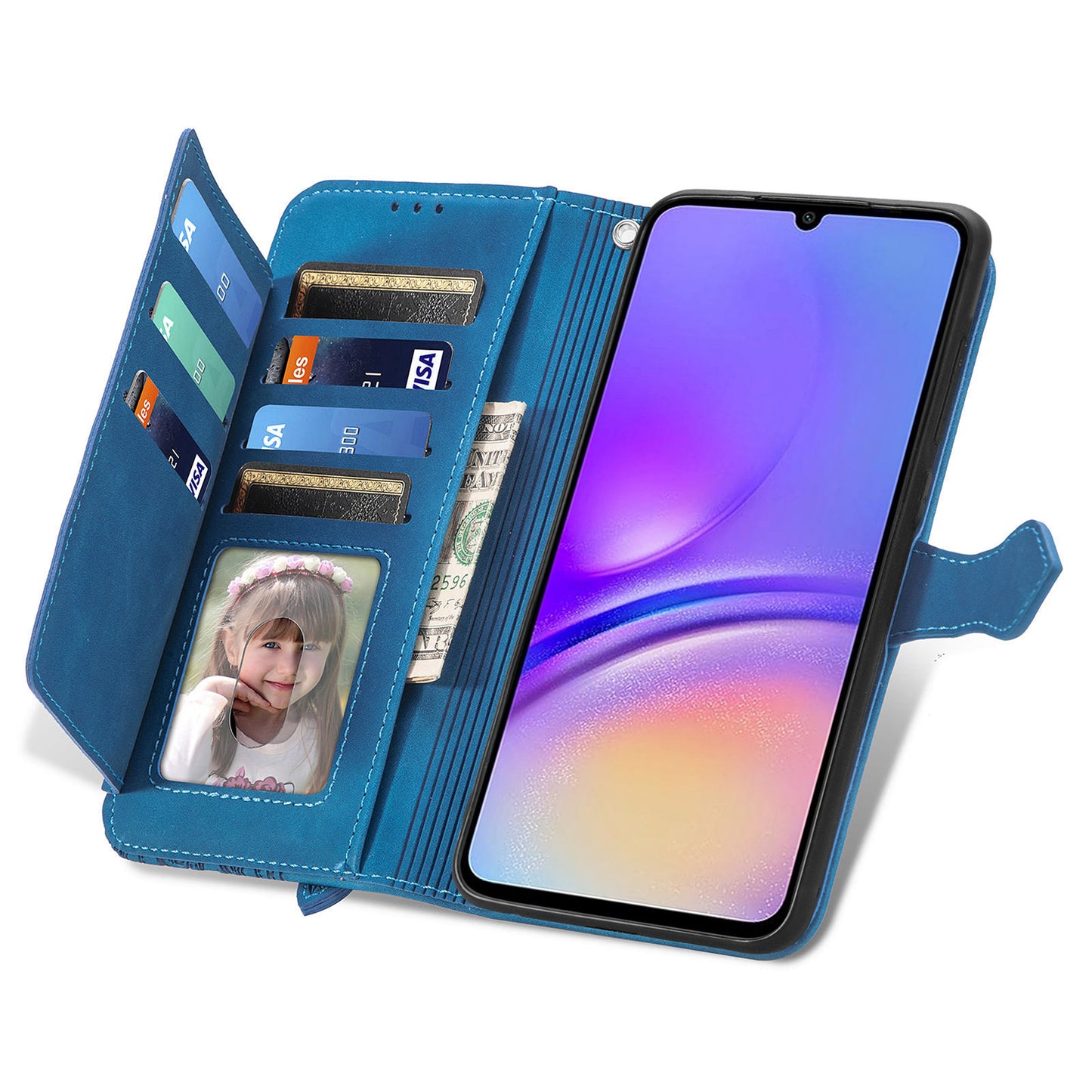 For Samsung Galaxy A06 Case Zipper Wallet PU Leather Flower Imprint Phone Cover - Blue