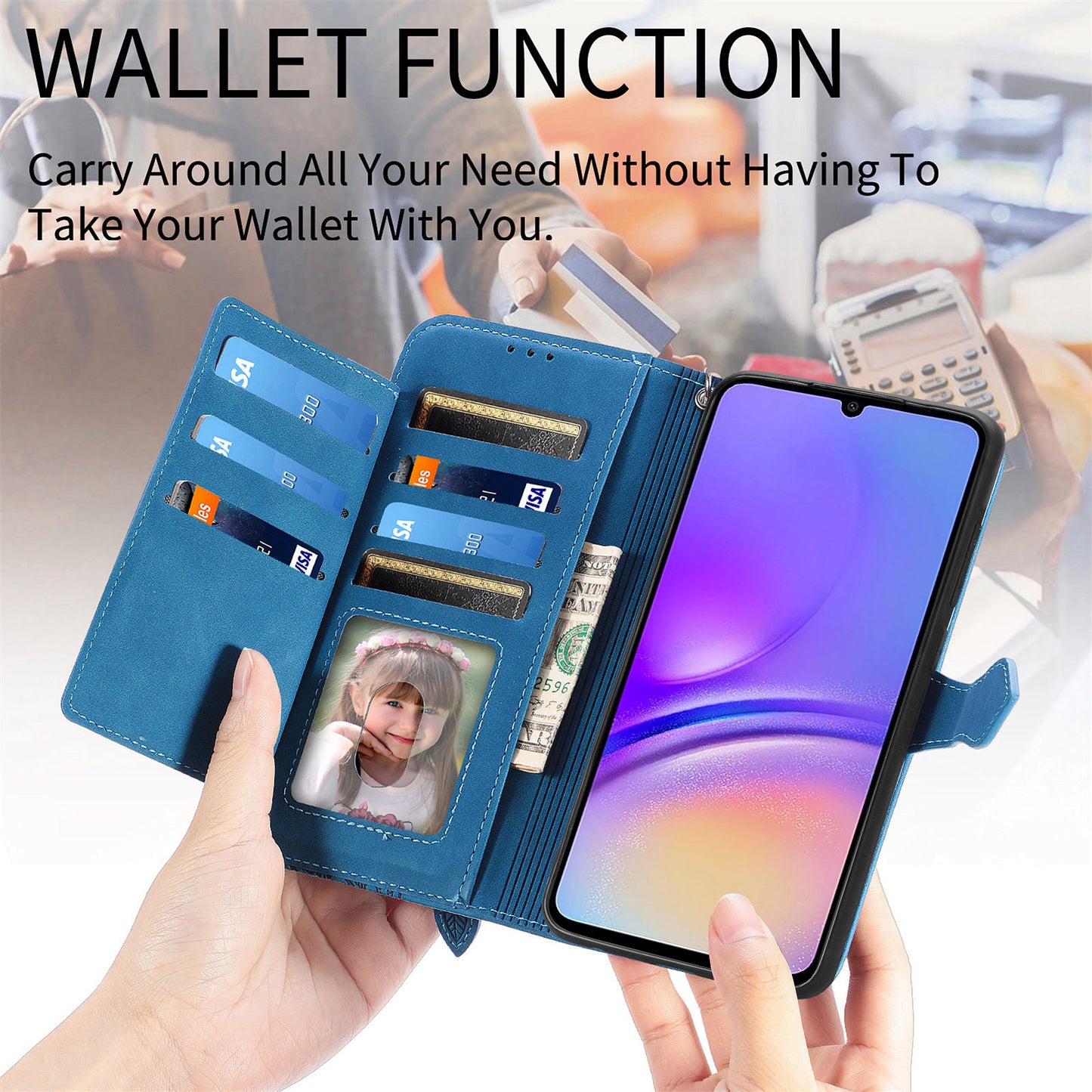 For Samsung Galaxy A06 Case Zipper Wallet PU Leather Flower Imprint Phone Cover - Blue
