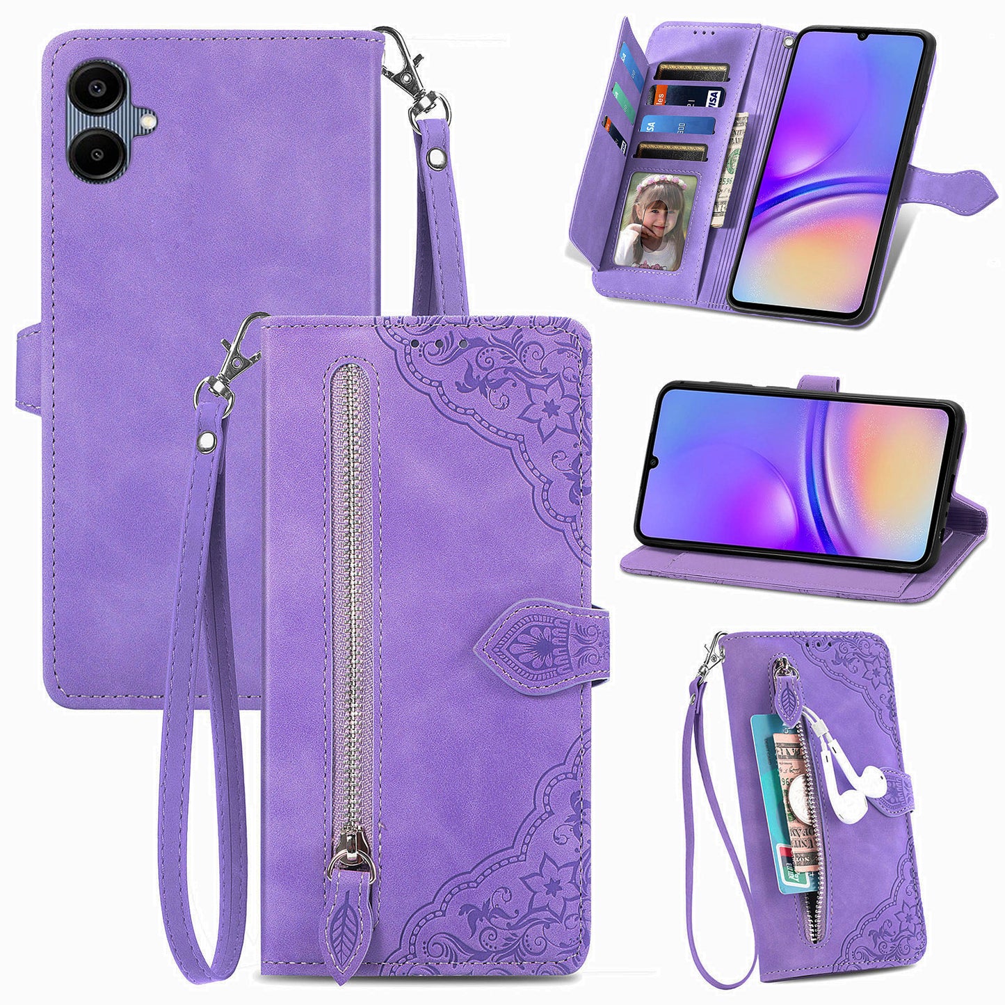 For Samsung Galaxy A06 Case Zipper Wallet PU Leather Flower Imprint Phone Cover - Light Purple