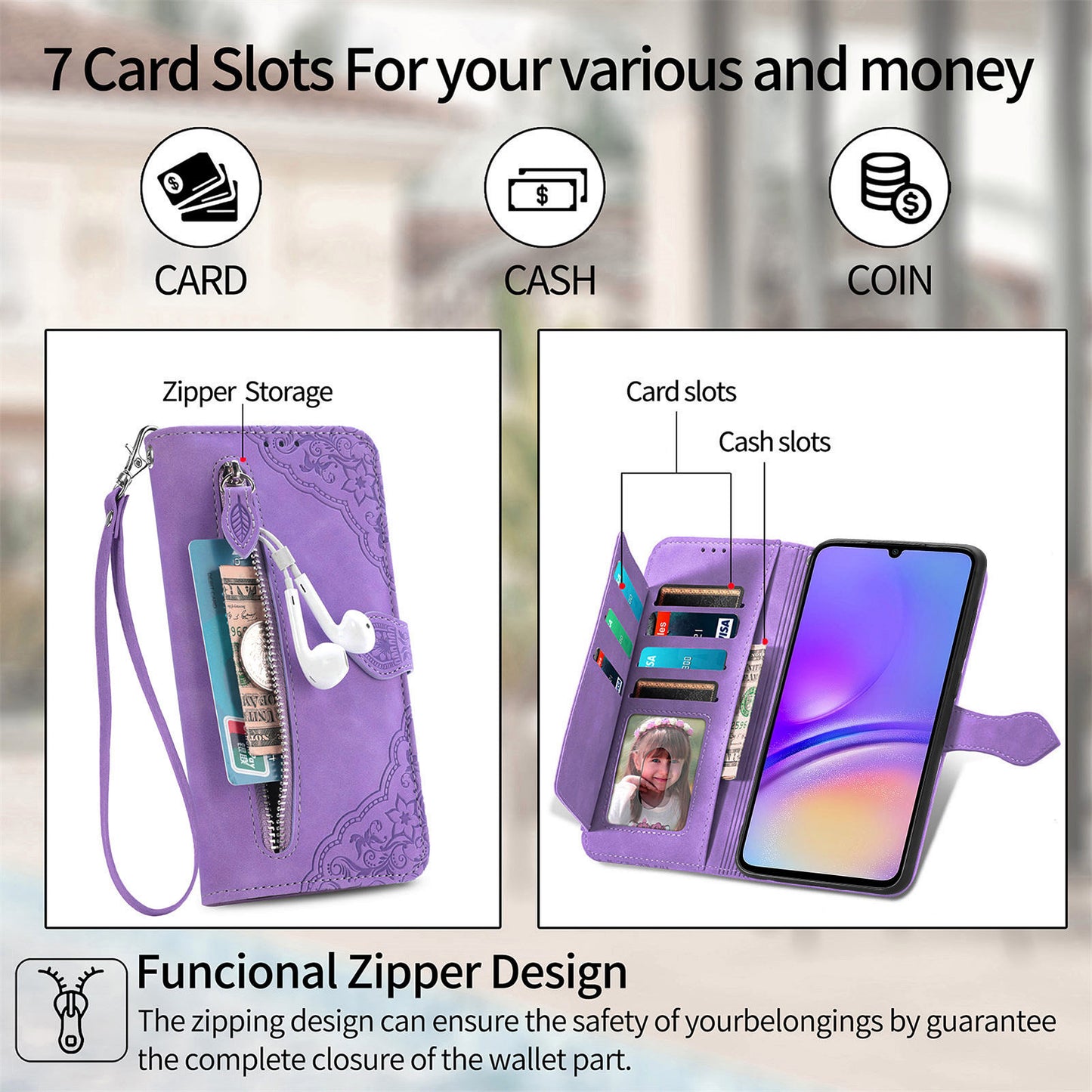 For Samsung Galaxy A06 Case Zipper Wallet PU Leather Flower Imprint Phone Cover - Light Purple
