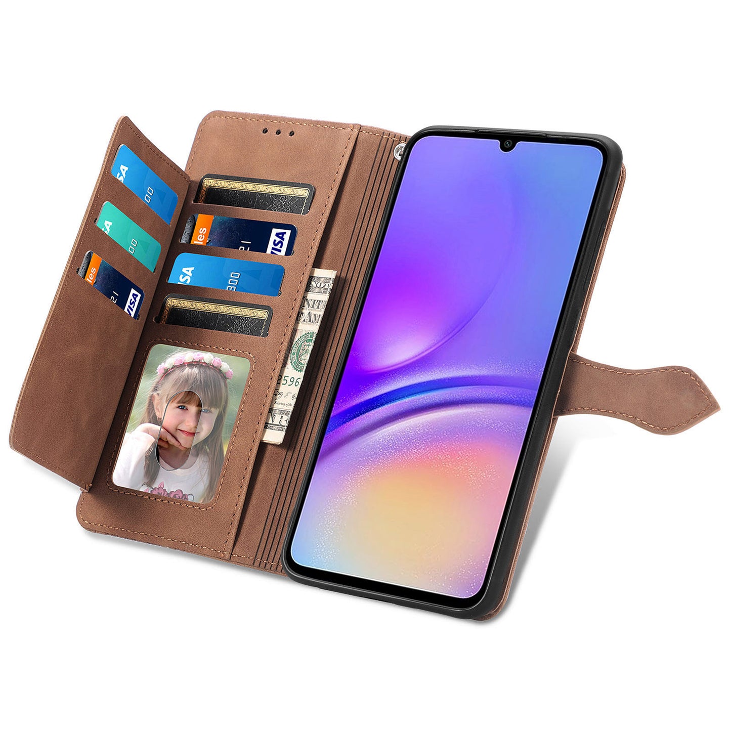 For Samsung Galaxy A06 Case Zipper Wallet PU Leather Flower Imprint Phone Cover - Brown