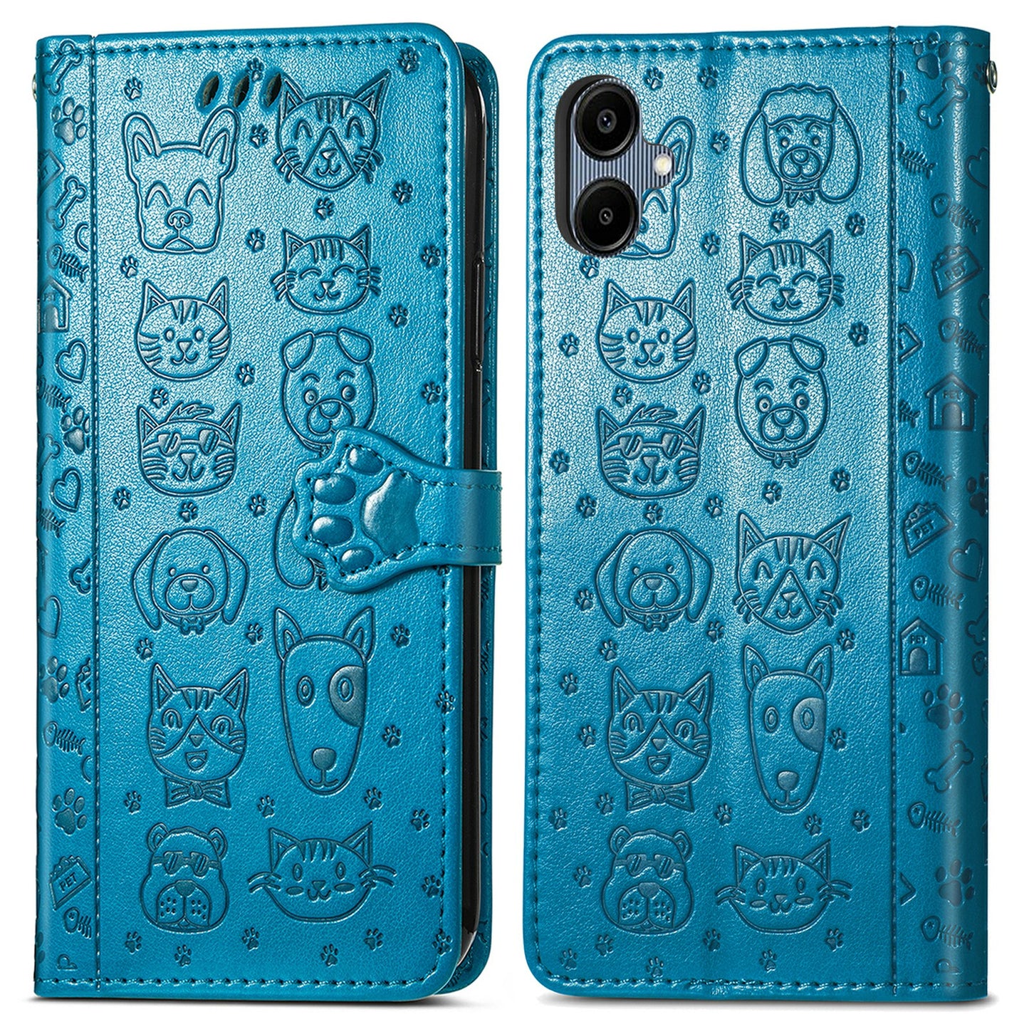 For Samsung Galaxy A06 Case Leather Wallet Flip Phone Cover Cute Cat Dog Pattern - Blue
