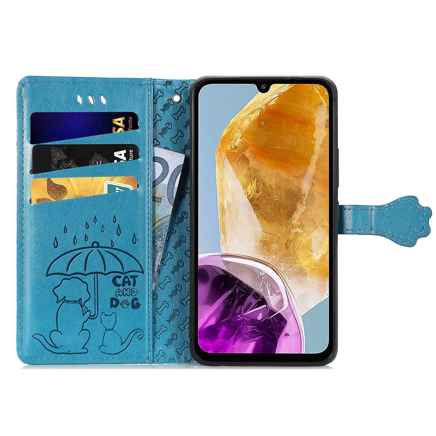 For Samsung Galaxy A06 Case Leather Wallet Flip Phone Cover Cute Cat Dog Pattern - Blue