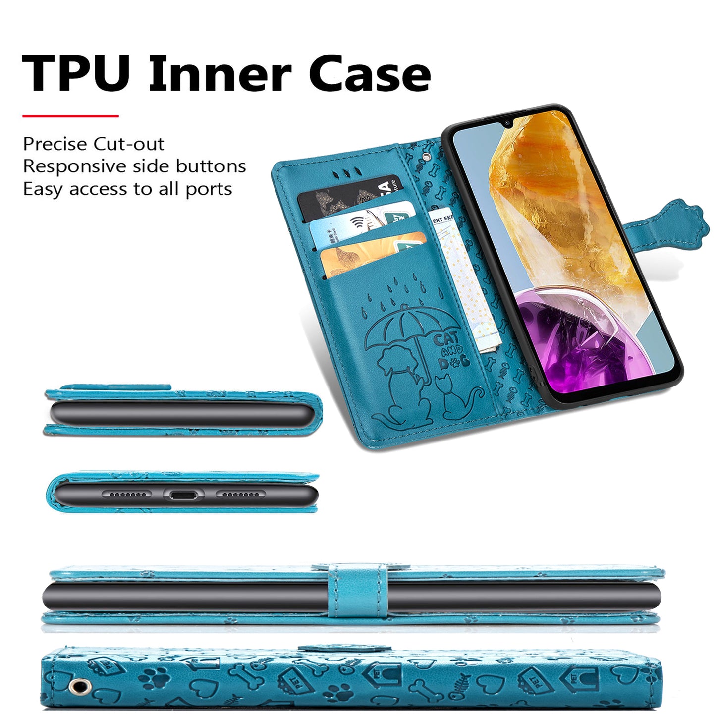 For Samsung Galaxy A06 Case Leather Wallet Flip Phone Cover Cute Cat Dog Pattern - Blue