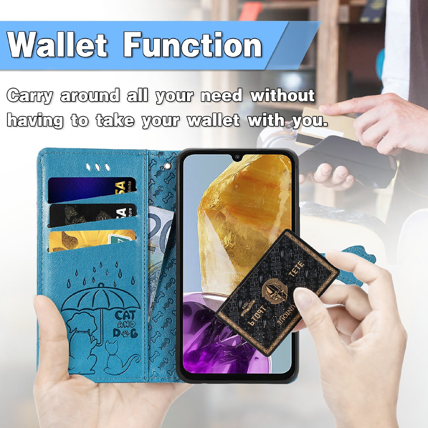 For Samsung Galaxy A06 Case Leather Wallet Flip Phone Cover Cute Cat Dog Pattern - Blue