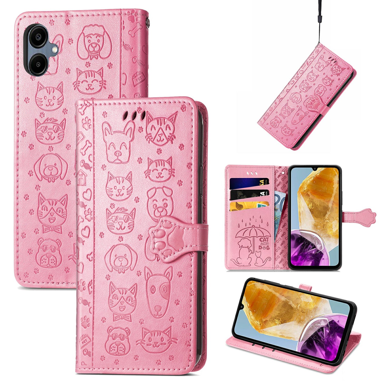 For Samsung Galaxy A06 Case Leather Wallet Flip Phone Cover Cute Cat Dog Pattern - Pink