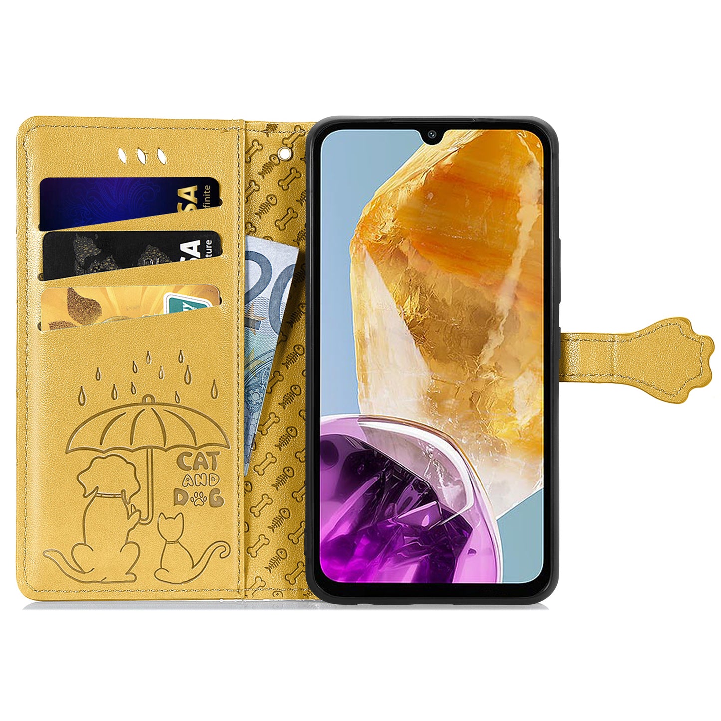 For Samsung Galaxy A06 Case Leather Wallet Flip Phone Cover Cute Cat Dog Pattern - Yellow