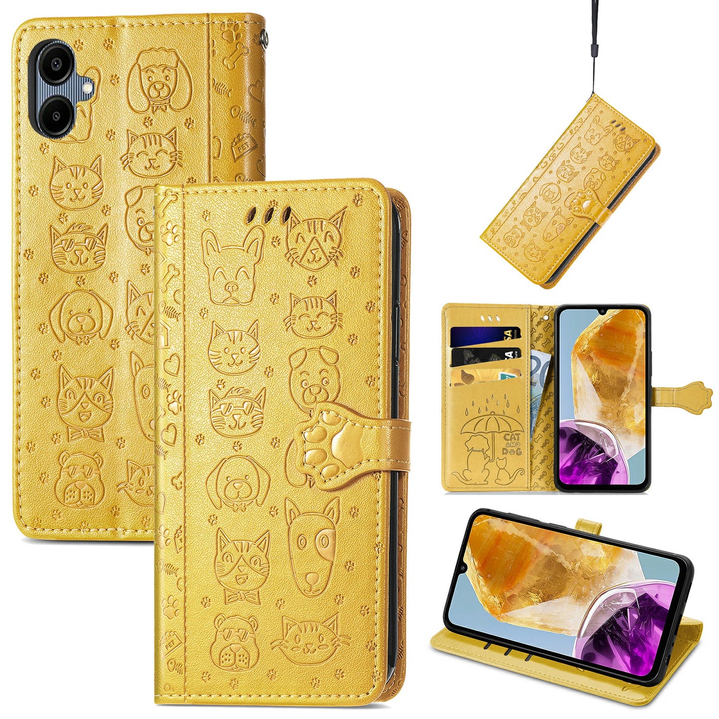 For Samsung Galaxy A06 Case Leather Wallet Flip Phone Cover Cute Cat Dog Pattern - Yellow