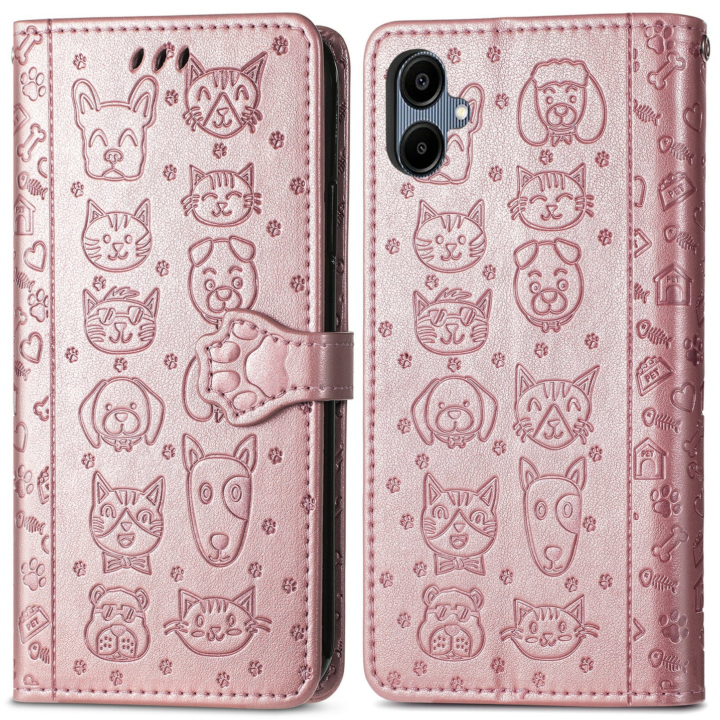 For Samsung Galaxy A06 Case Leather Wallet Flip Phone Cover Cute Cat Dog Pattern - Rose Gold