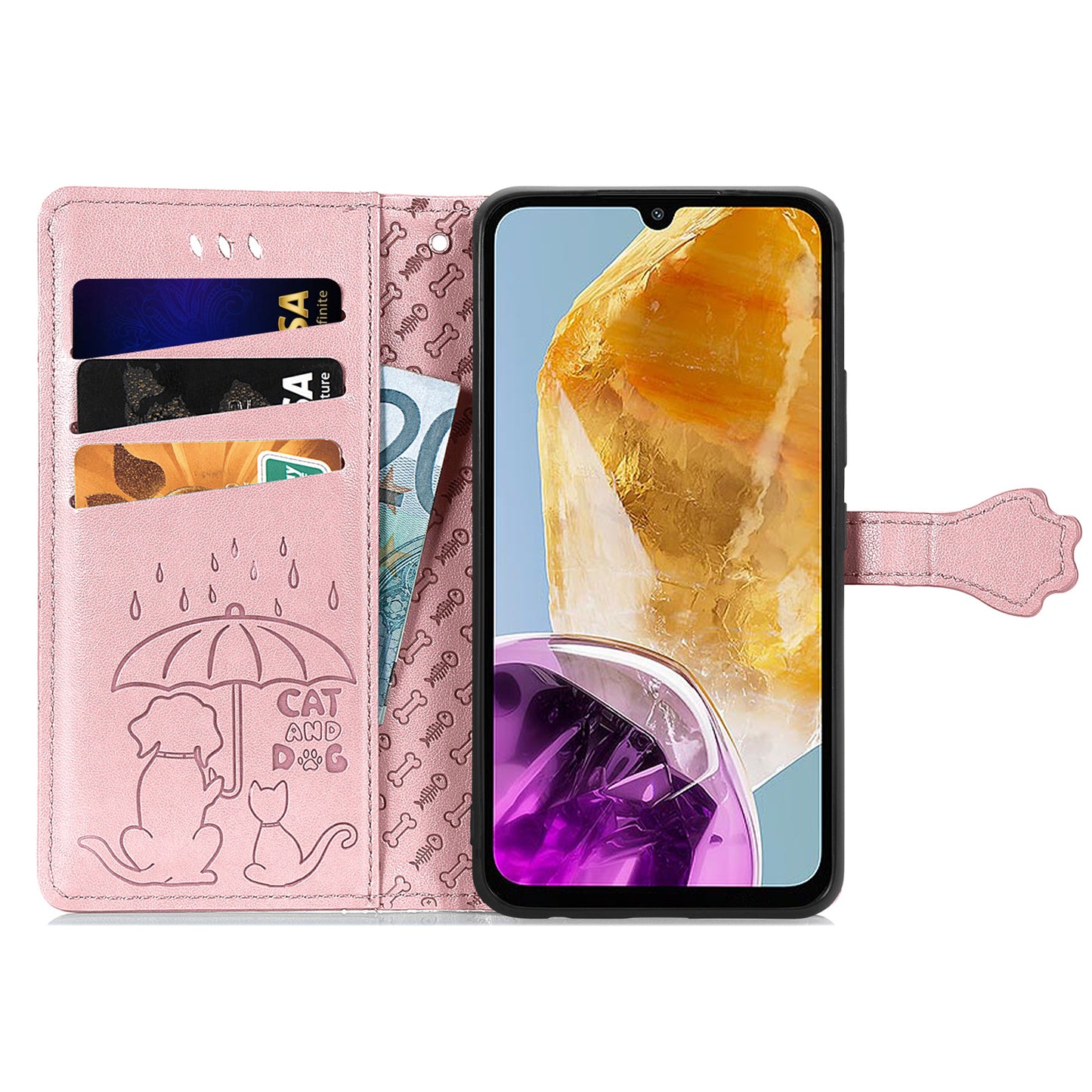 For Samsung Galaxy A06 Case Leather Wallet Flip Phone Cover Cute Cat Dog Pattern - Rose Gold