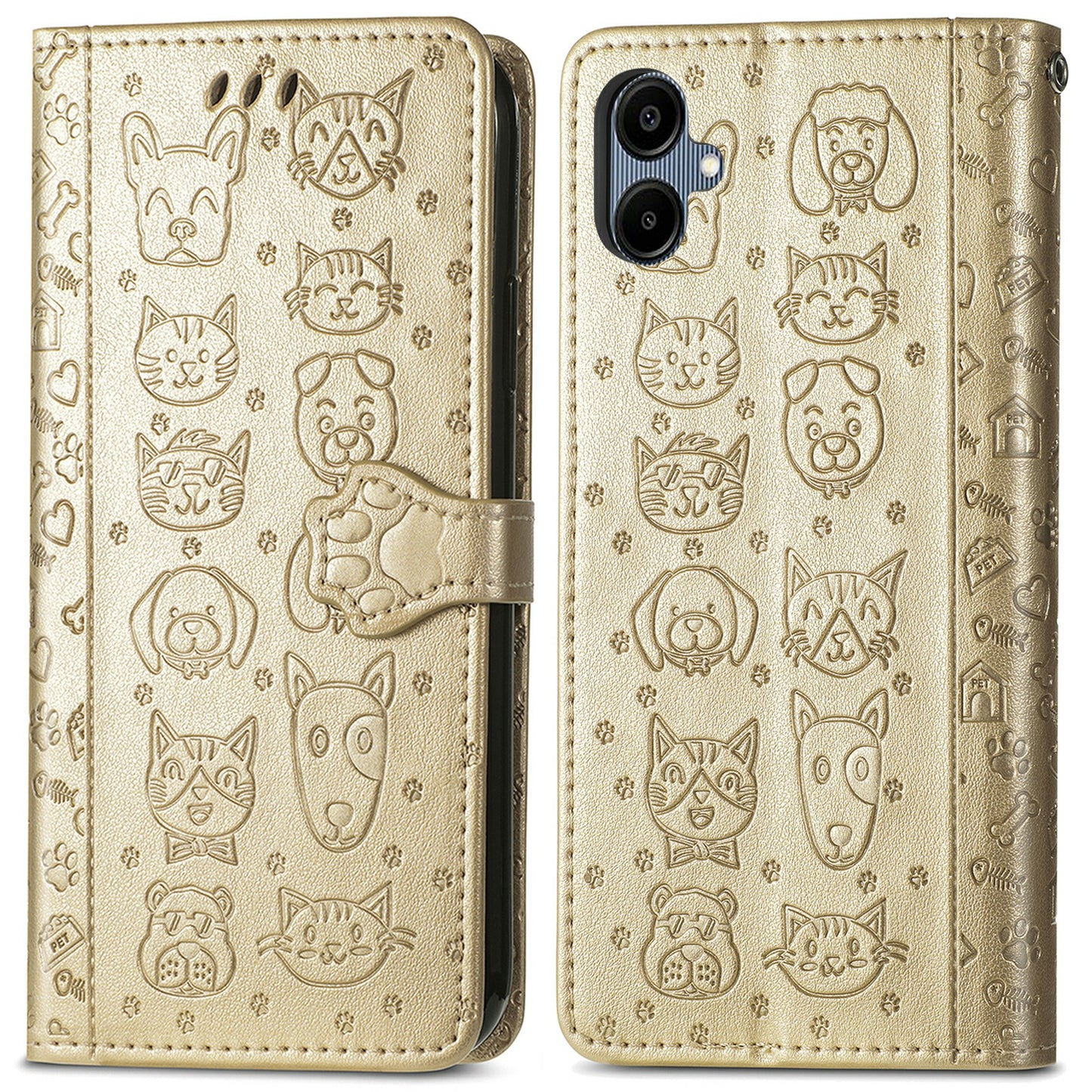 For Samsung Galaxy A06 Case Leather Wallet Flip Phone Cover Cute Cat Dog Pattern - Gold