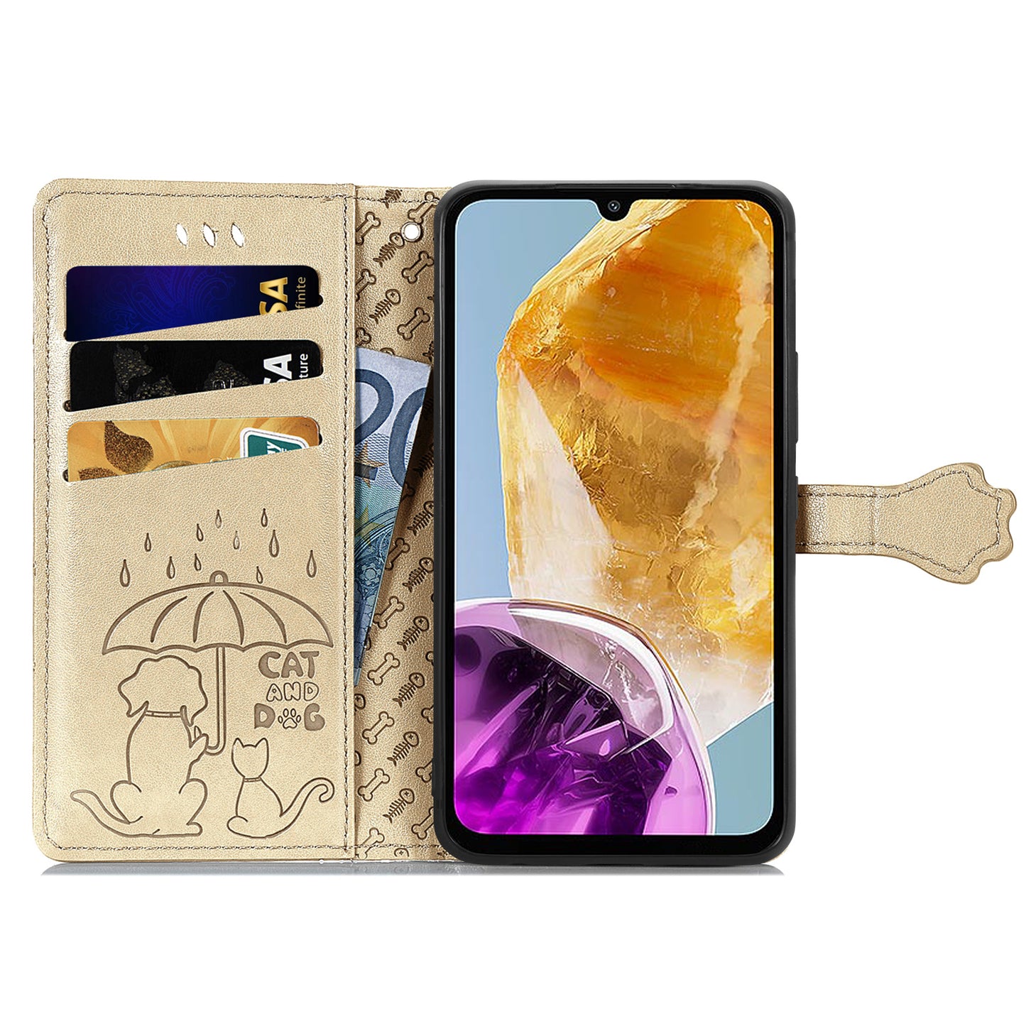 For Samsung Galaxy A06 Case Leather Wallet Flip Phone Cover Cute Cat Dog Pattern - Gold