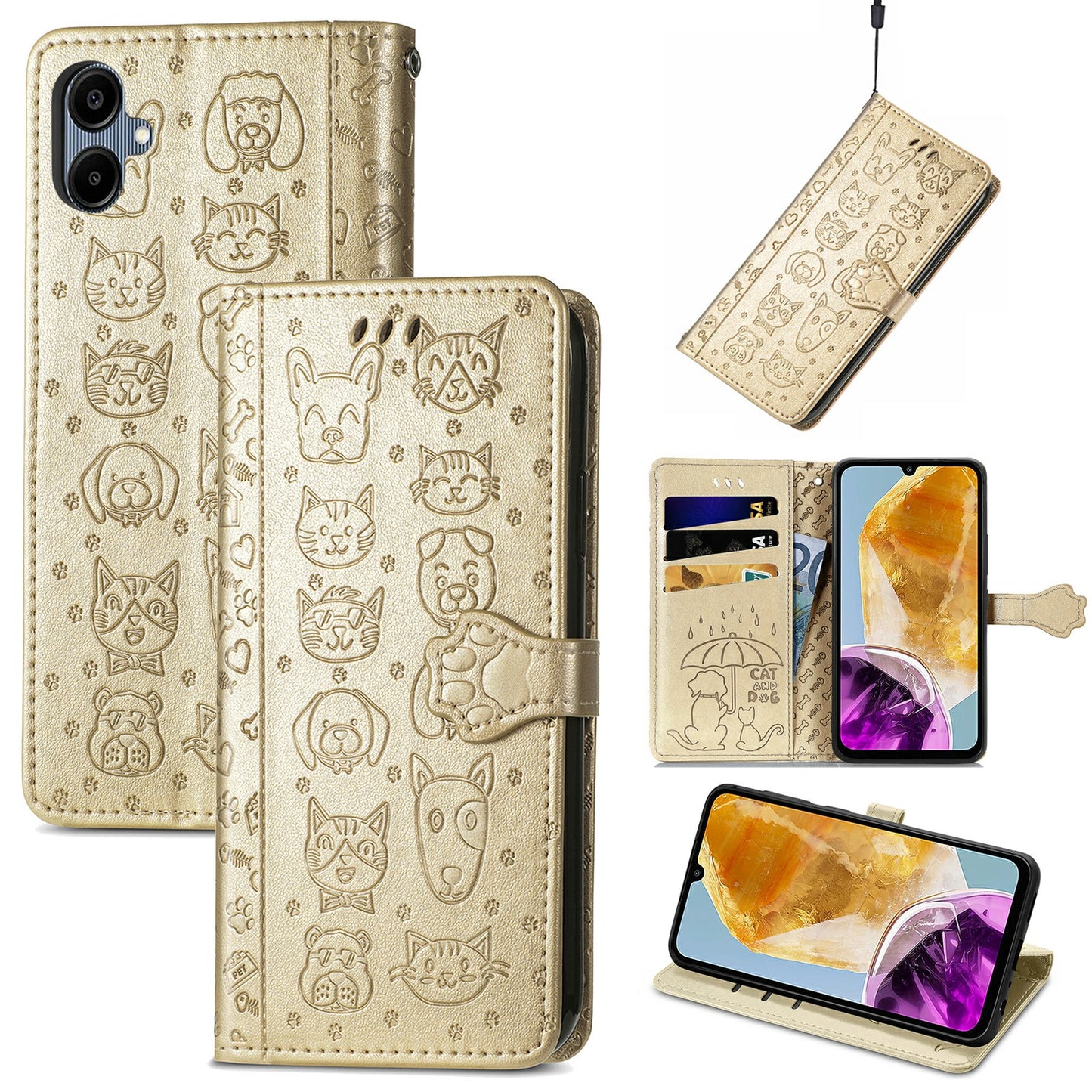 For Samsung Galaxy A06 Case Leather Wallet Flip Phone Cover Cute Cat Dog Pattern - Gold