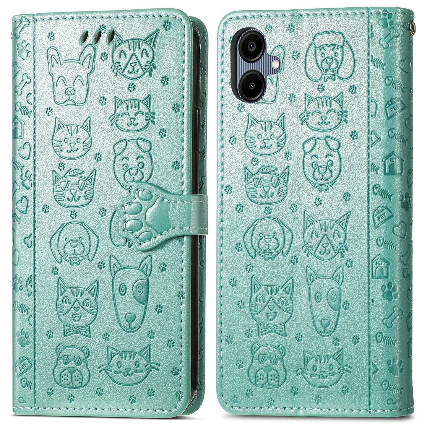 For Samsung Galaxy A06 Case Leather Wallet Flip Phone Cover Cute Cat Dog Pattern - Green