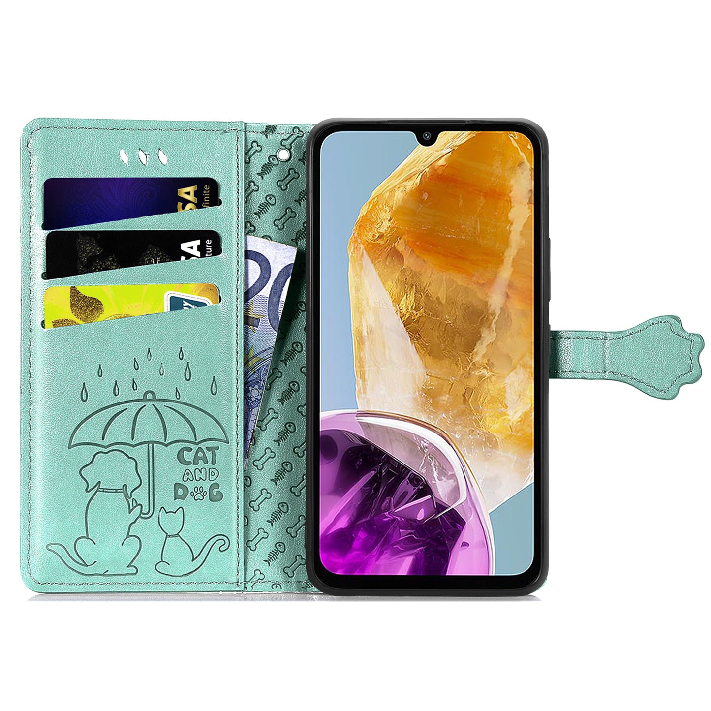 For Samsung Galaxy A06 Case Leather Wallet Flip Phone Cover Cute Cat Dog Pattern - Green