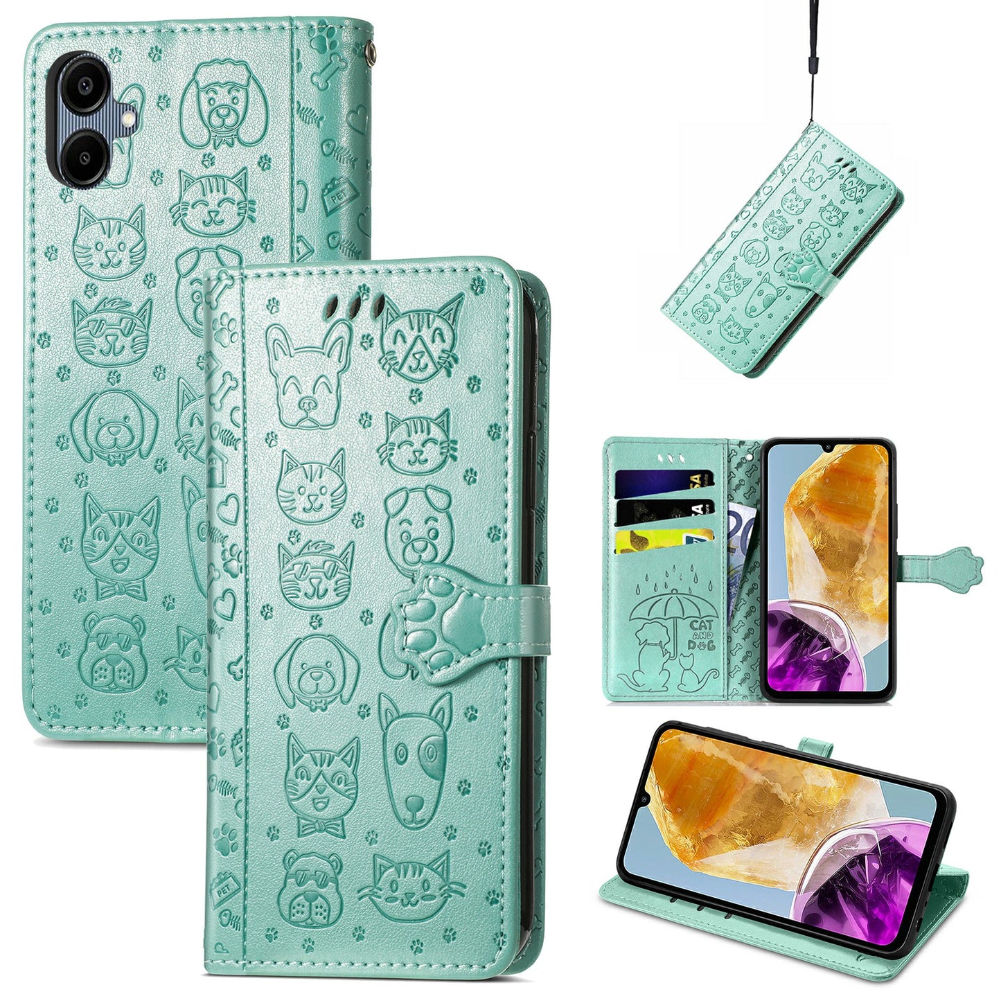 For Samsung Galaxy A06 Case Leather Wallet Flip Phone Cover Cute Cat Dog Pattern - Green