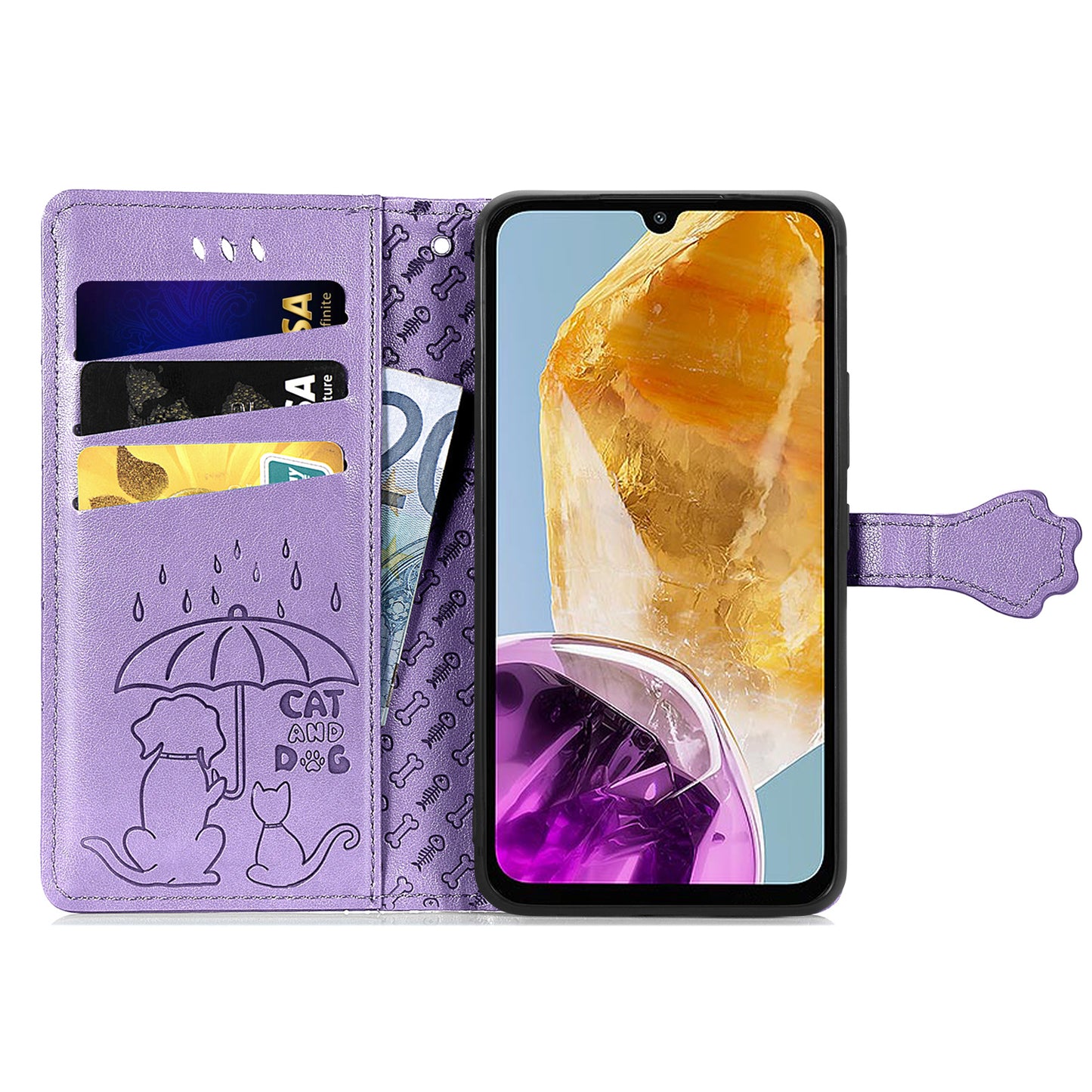 For Samsung Galaxy A06 Case Leather Wallet Flip Phone Cover Cute Cat Dog Pattern - Light Purple