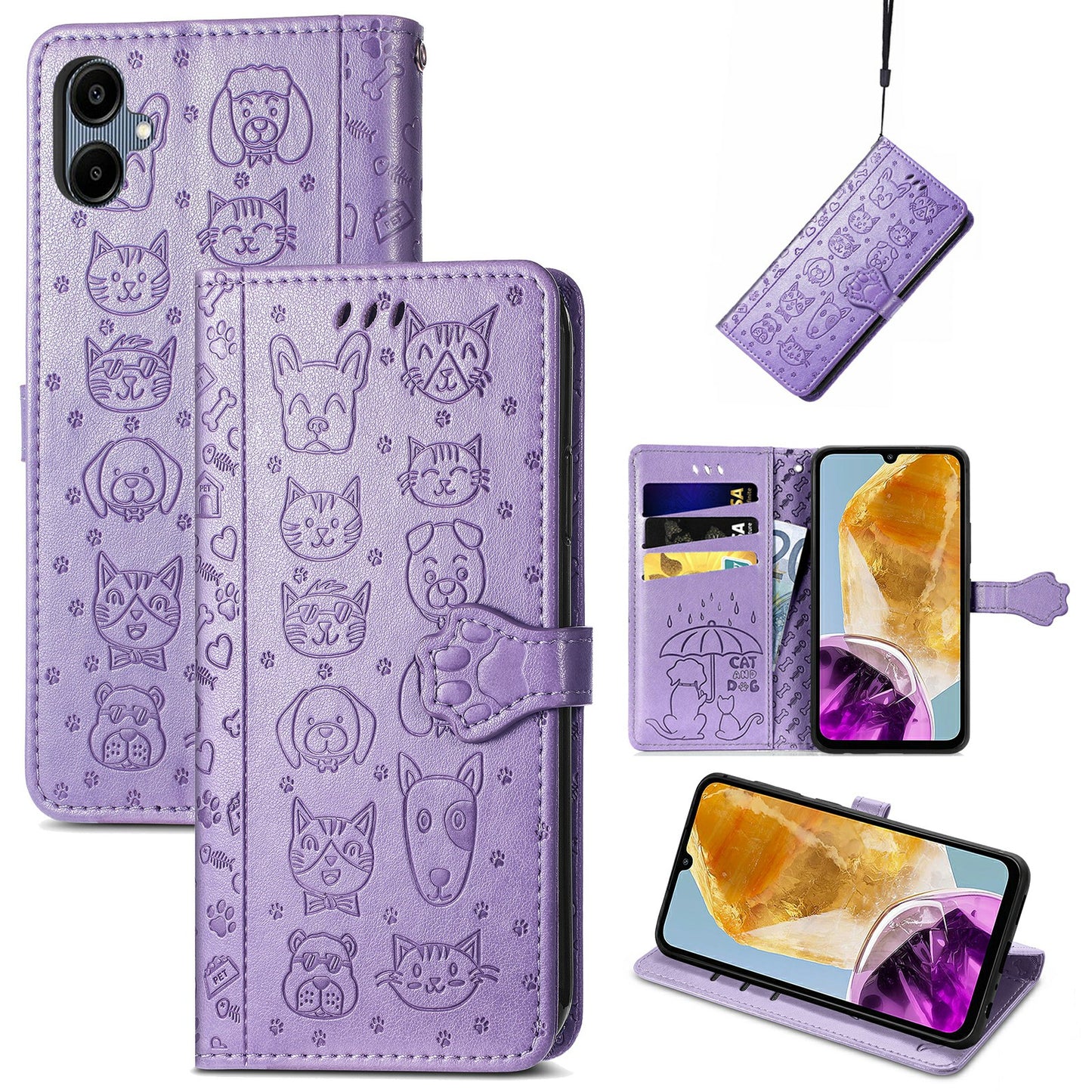 For Samsung Galaxy A06 Case Leather Wallet Flip Phone Cover Cute Cat Dog Pattern - Light Purple