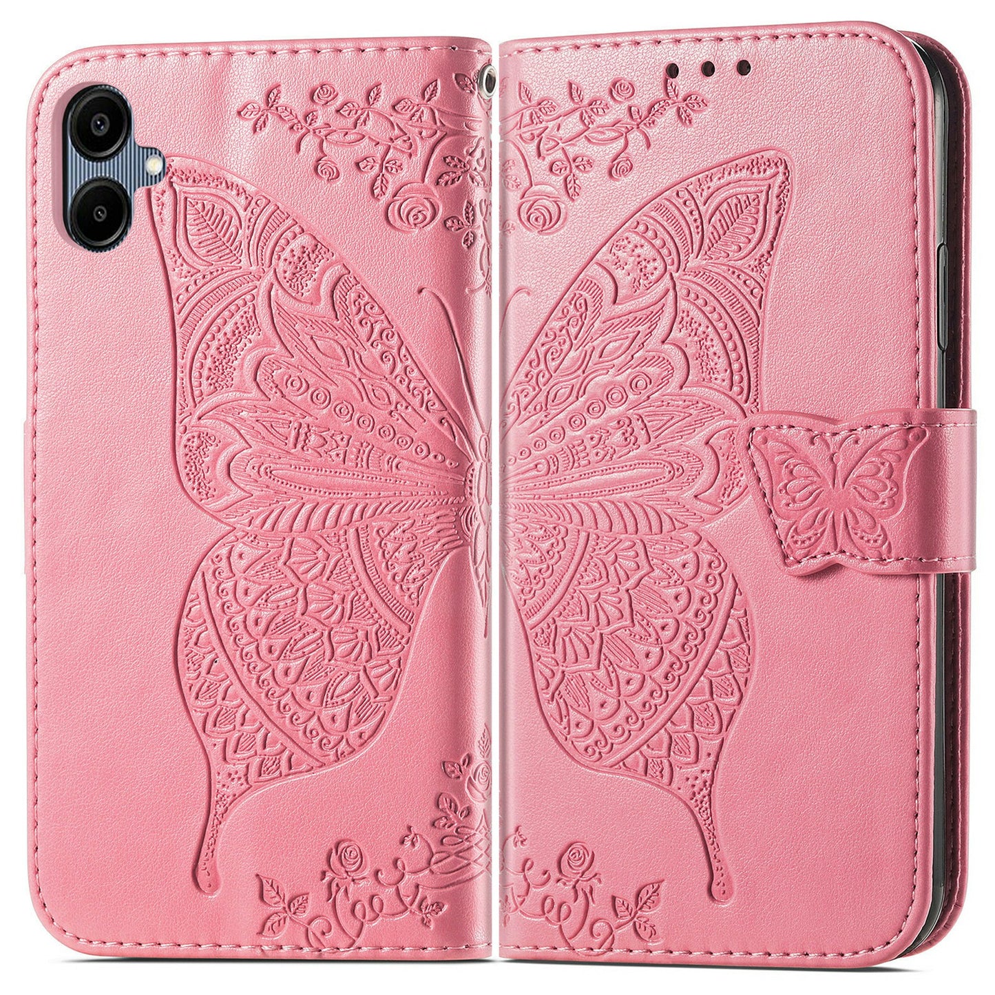 For Samsung Galaxy A06 Case PU Leather Wallet Phone Cover Butterfly Pattern - Pink