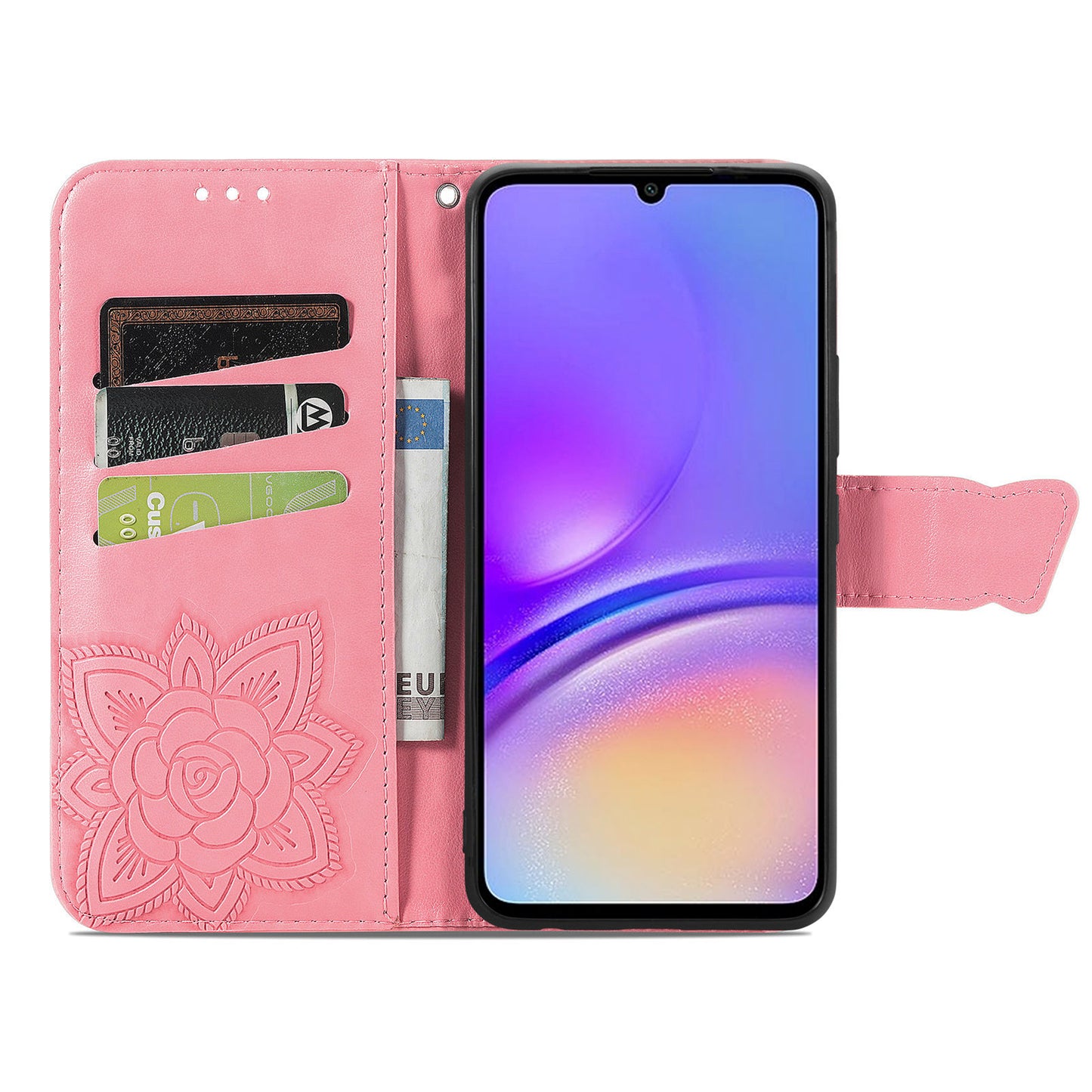 For Samsung Galaxy A06 Case PU Leather Wallet Phone Cover Butterfly Pattern - Pink