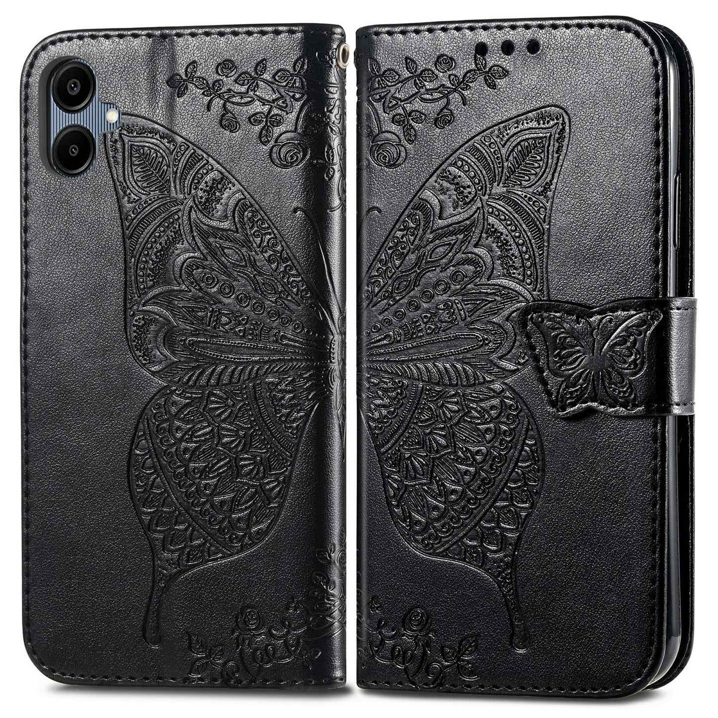 For Samsung Galaxy A06 Case PU Leather Wallet Phone Cover Butterfly Pattern - Black