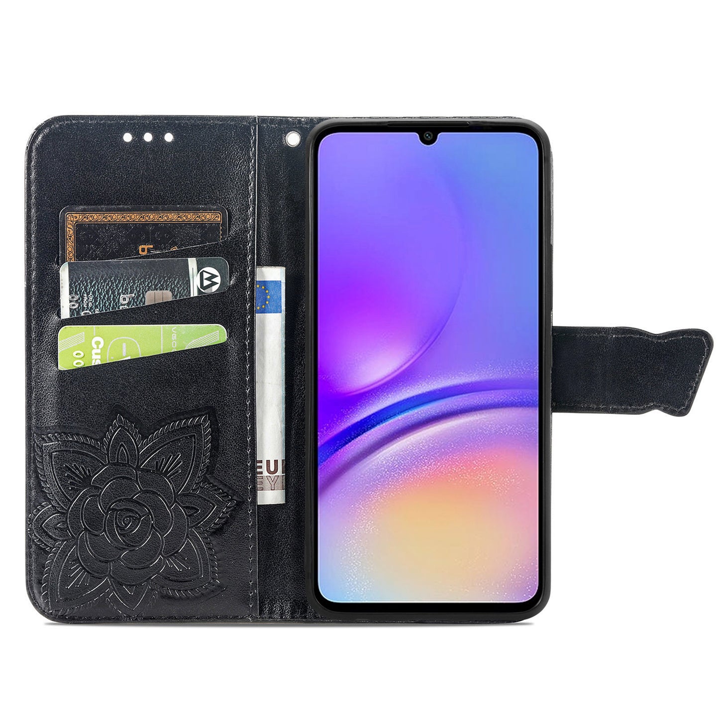 For Samsung Galaxy A06 Case PU Leather Wallet Phone Cover Butterfly Pattern - Black