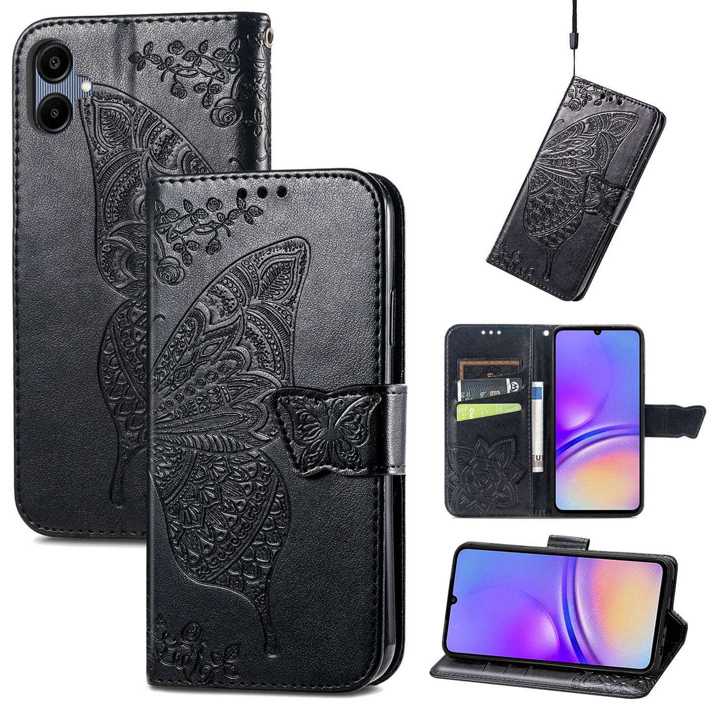 For Samsung Galaxy A06 Case PU Leather Wallet Phone Cover Butterfly Pattern - Black