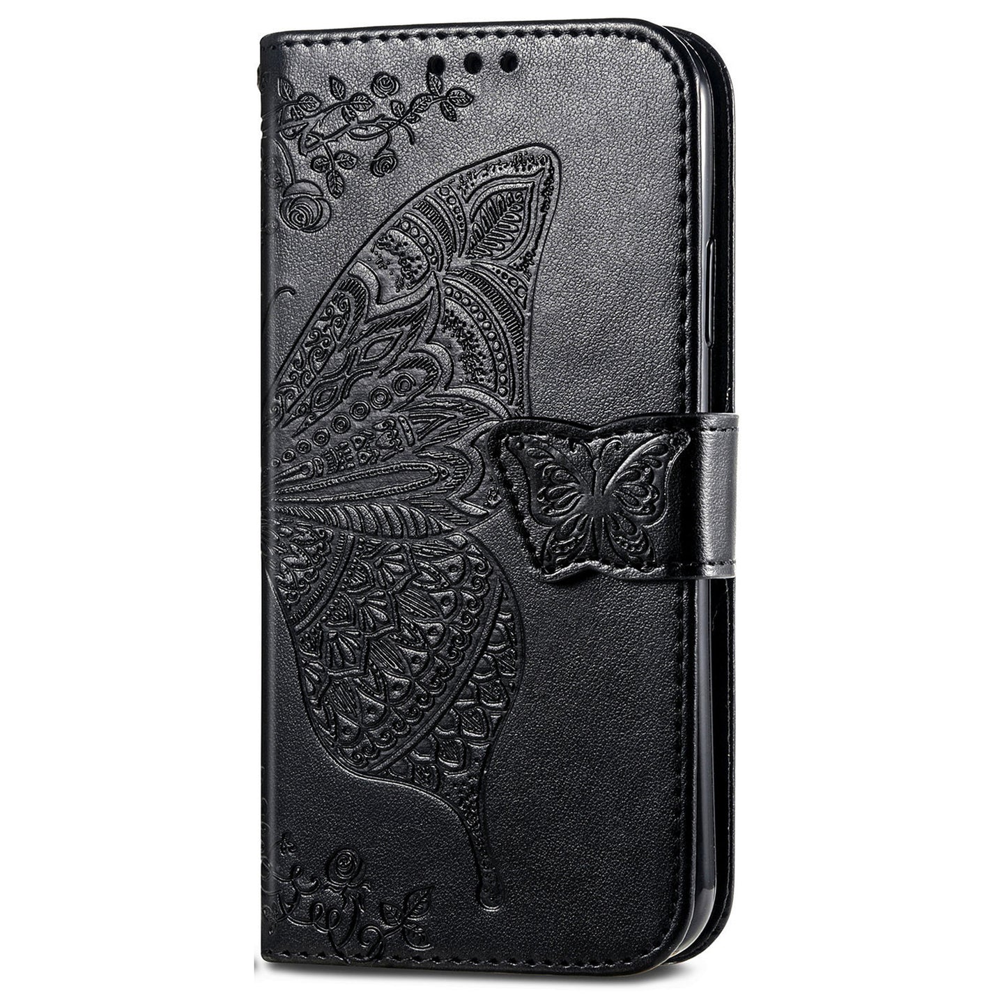 For Samsung Galaxy A06 Case PU Leather Wallet Phone Cover Butterfly Pattern - Black