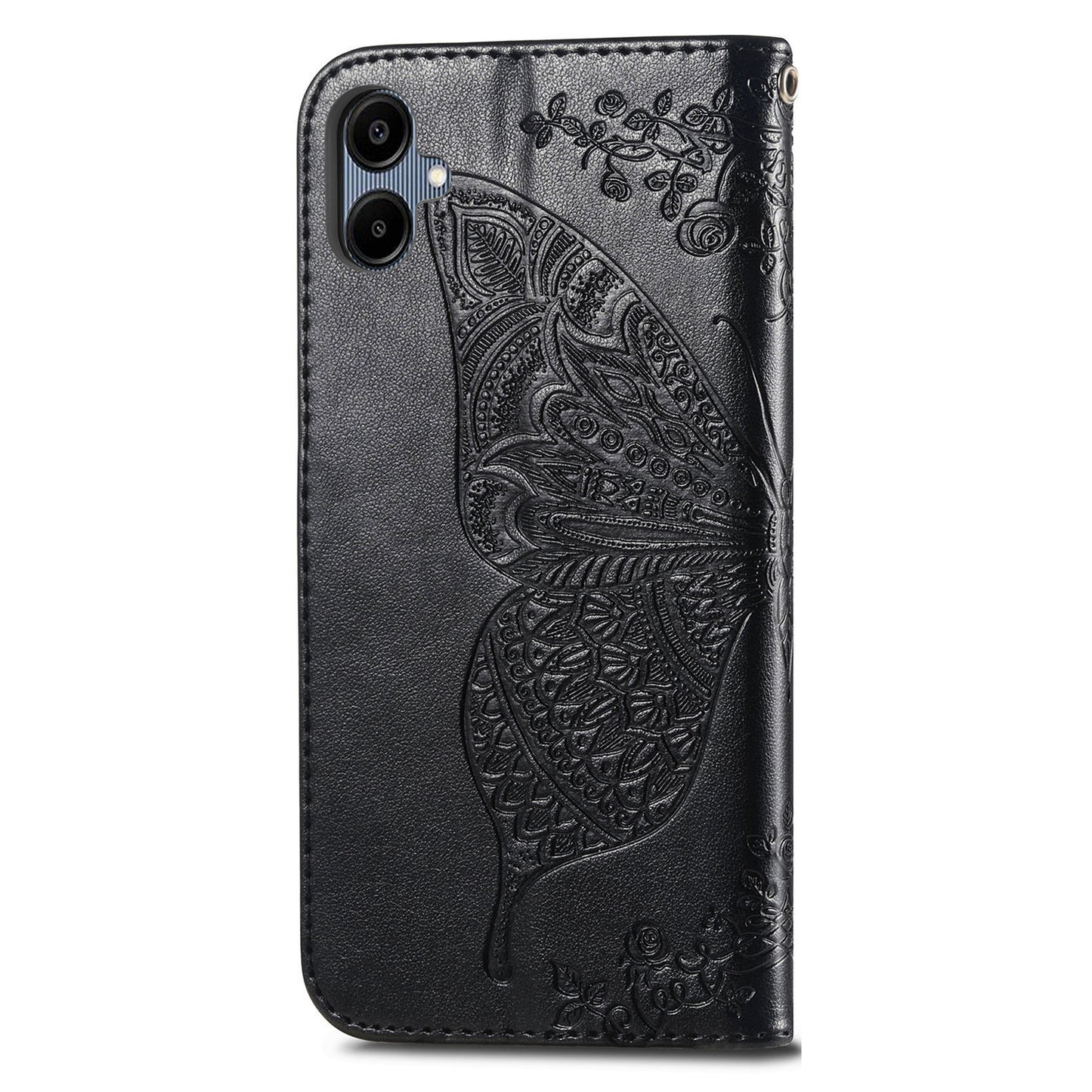 For Samsung Galaxy A06 Case PU Leather Wallet Phone Cover Butterfly Pattern - Black