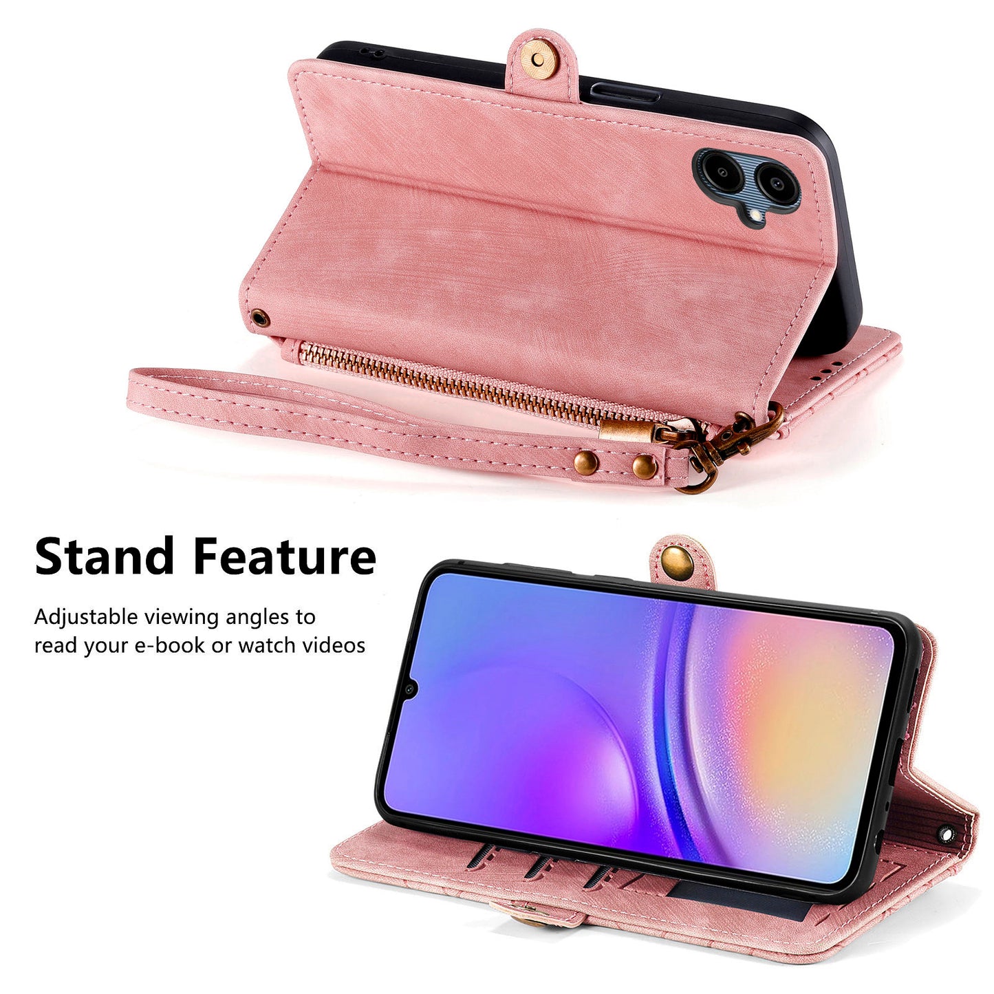 For Samsung Galaxy A06 Case Zipper Wallet Geometry Lines Leather Phone Cover - Pink