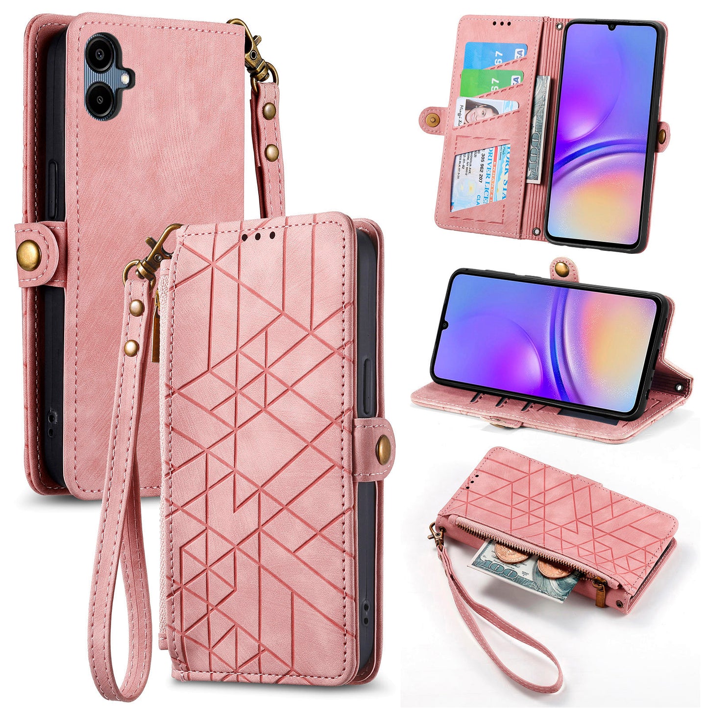 For Samsung Galaxy A06 Case Zipper Wallet Geometry Lines Leather Phone Cover - Pink