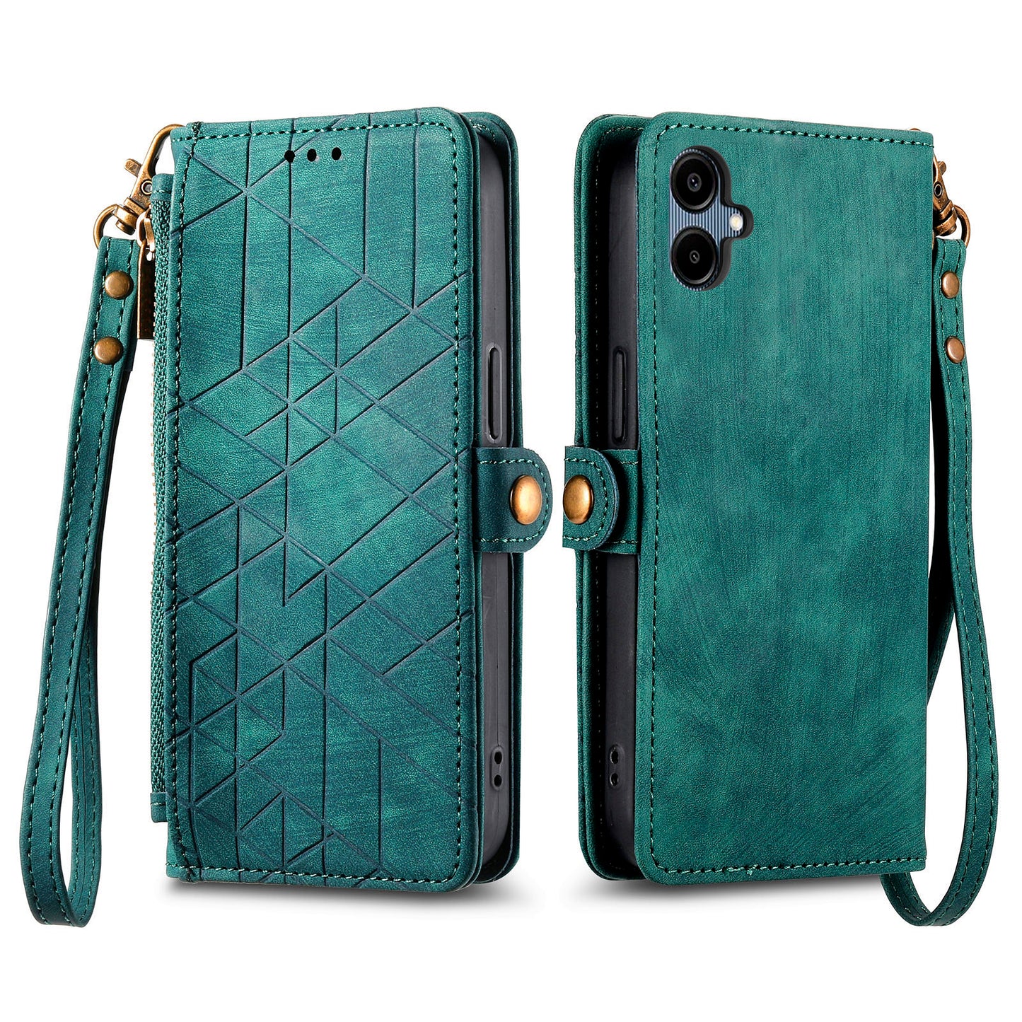 For Samsung Galaxy A06 Case Zipper Wallet Geometry Lines Leather Phone Cover - Green