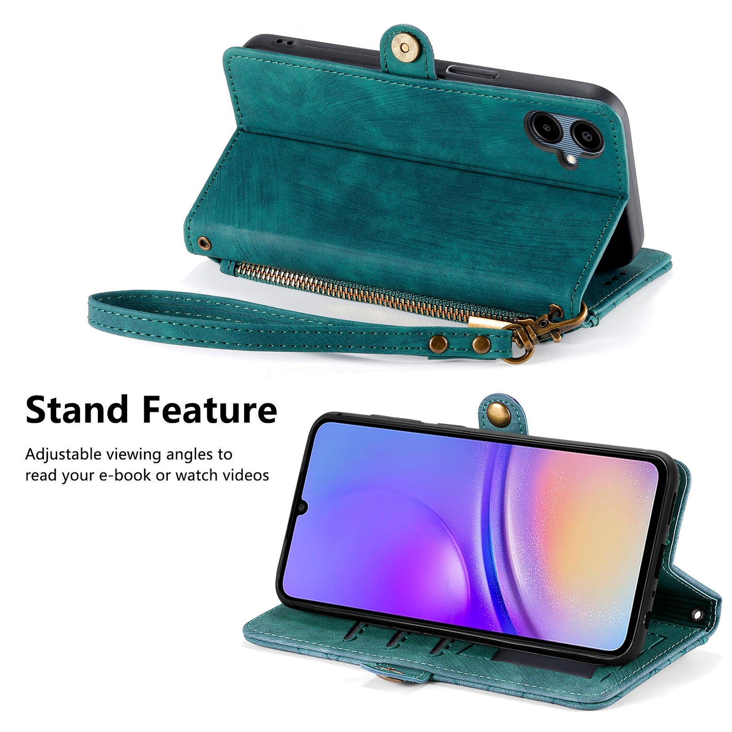 For Samsung Galaxy A06 Case Zipper Wallet Geometry Lines Leather Phone Cover - Green